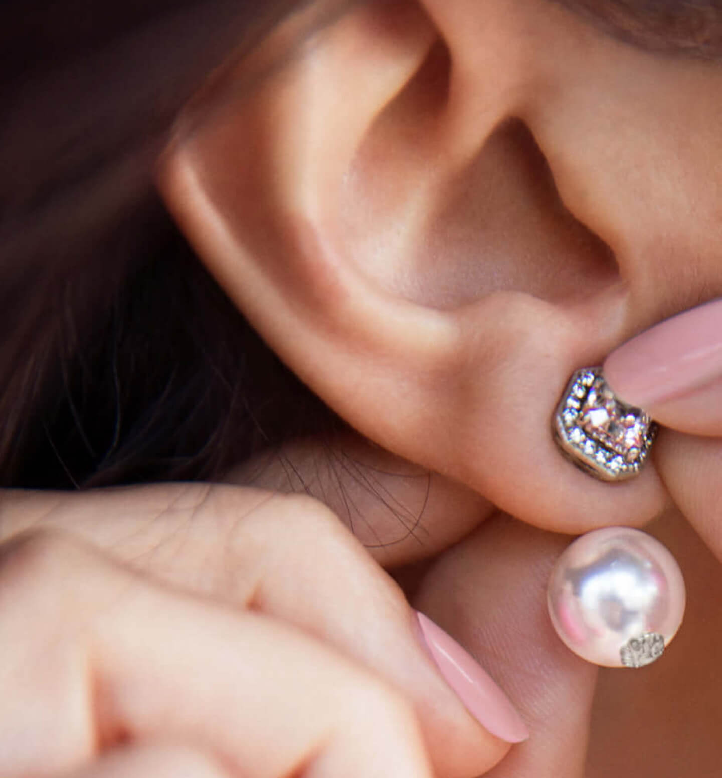 Close-up of model wearing Chrysmela Duchess Pearl Earring Jackets