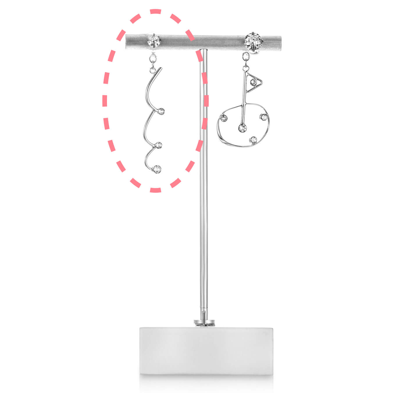 Platinum earring jackets on earring stand against white background